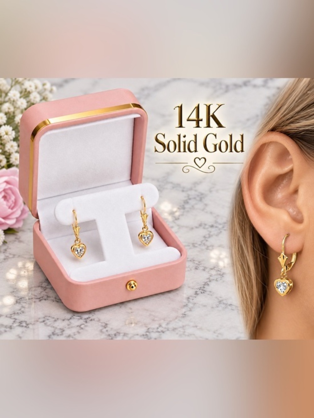 Carla 14kt SOLID Yellow Gold Dangle Heart Shaped C/Z Lever
Back Earrings NEW